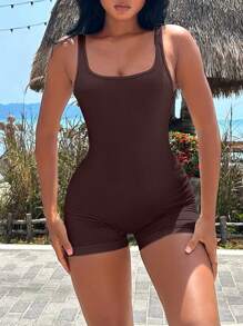 Easithlete Solid Ribbed Knit Sports Romper - Coffee Brown - View 4