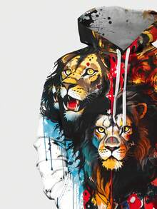 Manfinity LEGND Men 3D Lion Print Drawstring Hoodie - Multicolor - View 3