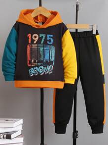 Young Boy Letter Graphic Colorblock Hoodie & Sweatpants - Multicolor - View 1