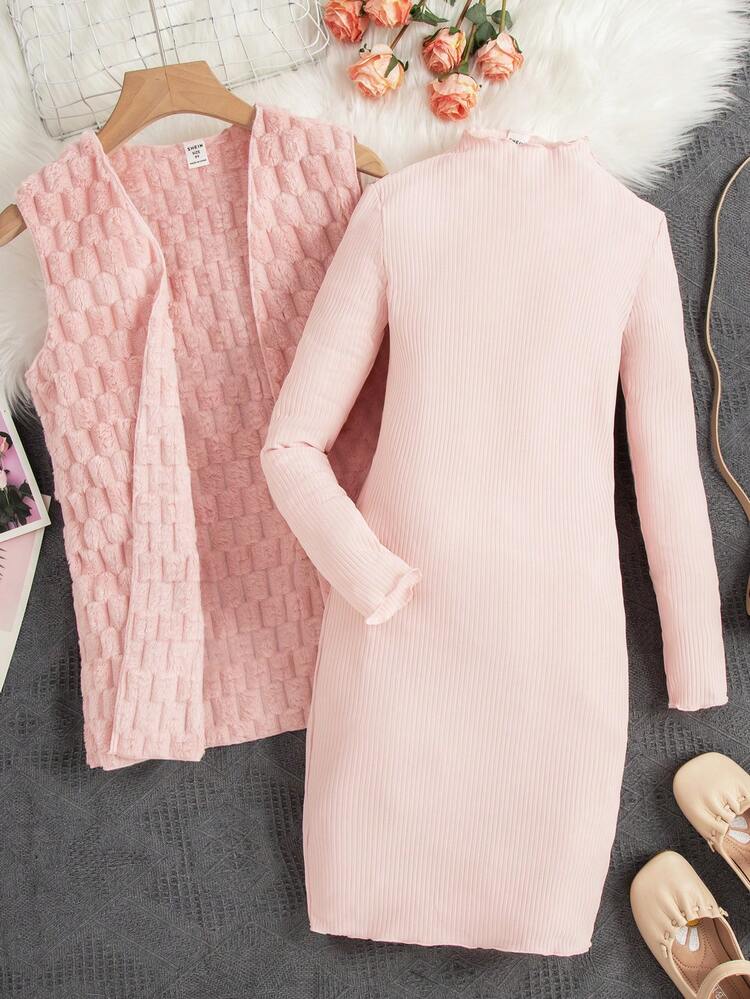 Tween Girl Solid Ribbed Knit Lettuce Trim Dress & Open Front Coat