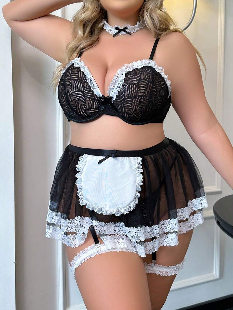 Plus 5pack Contrast Lace Mesh Maid Costume Set - Black and White - View 1