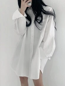 Casual Versatile Solid Color Loose Fit Drop Shoulder Women Shirt - White - View 4