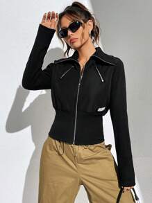 SHEIN EZwear Letter Patched Zip Up Padded Coat - Black - View 3