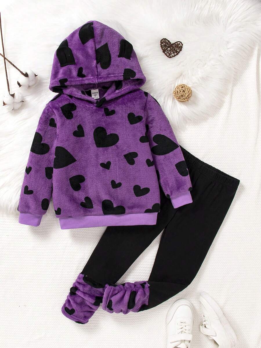 SHEIN 少女心印花泰迪連帽衫和褶皺長褲 - 紫色 - 查看 1