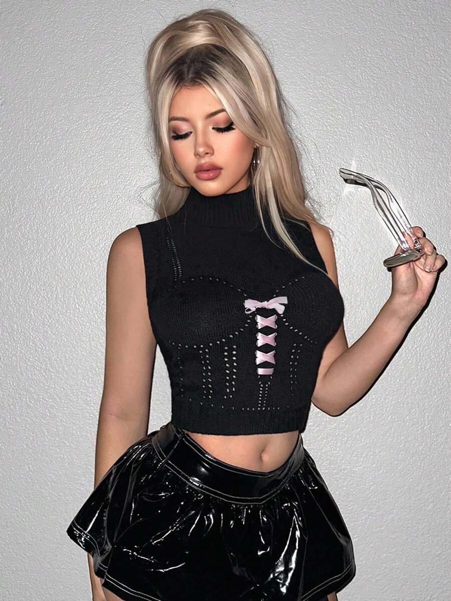 SHEIN ICON Áo crop top đan chéo cổ Criss Cross Mock - màu đen - Xem 1