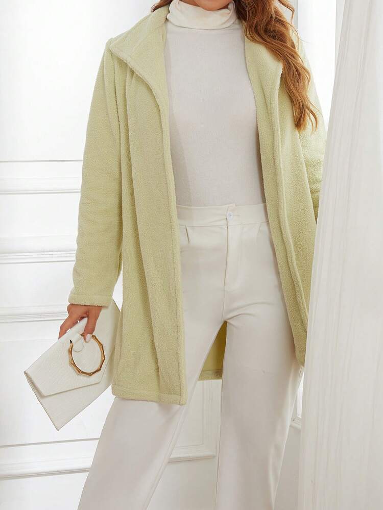 Solid Open Front Teddy Coat Fall Cloth For Women