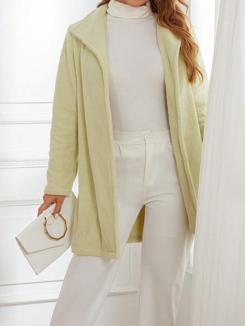 Solid Open Front Teddy Coat Fall Cloth For Women