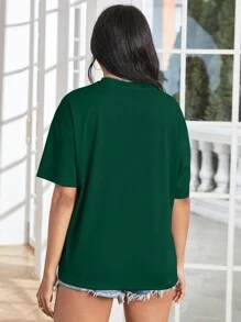 SHEIN EZwear Sọ Và In hoa Áo thun Thả vai - Màu xanh lá cây đậm - Xem 2
