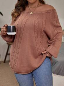 SHEIN LUNE Plus Off Shoulder Cable Knit Sweater - Camel - View 4
