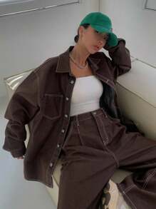 FRIFUL Của phụ nữ Thả vai Áo khoác denim - Cà phê nâu - Xem 1