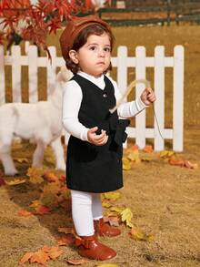 SHEIN Đứa bé gái Nút phía trước Thắt lưng Vải to sợi Áo vest Đầm Không có áo len - màu đen - Xem 6