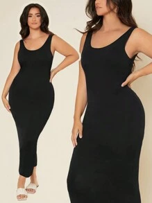 SHEIN BASICS Plus Solid Bodycon Casual Dinner Dating Dress/ Summer\Elegant - Black - View 1