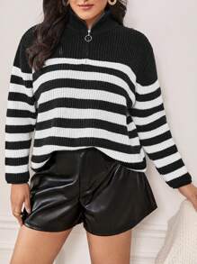 SHEIN Frenchy Plus Striped Pattern Half Zip Drop Shoulder Sweater - Black and White - View 3