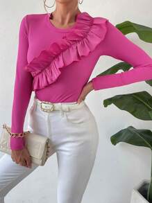 SHEIN Essnce 荷葉邊條紋針織連身背心 - 玫紅色 - 查看 6