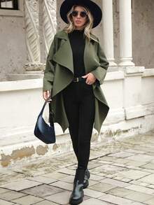 SHEIN LUNE Cổ áo thác nước Viền không đối xứng Áo khoác Trench - màu xanh lá - Xem 6