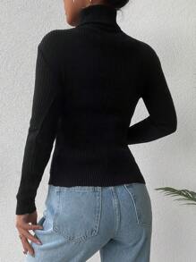 RueChic Turtleneck Ribbed Knit Sweater - Black - View 2