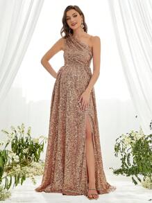 Maternity One Shoulder Split Thigh Sequin Formal Dress - Champagne - View 1