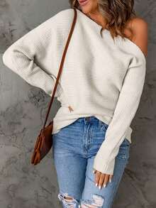CILKOO Solid Asymmetrical Neck Batwing Sleeve Sweater - Beige - View 4