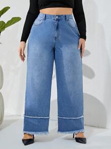 SHEIN Privé Cộng với quần jean ống rộng cắt thô cạp cao - Rửa trung bình - Xem 2