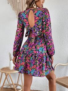 SHEIN VCAY Allover Floral Print Tie Back Lantern Sleeve Ruffle Hem Dress - Multicolor - View 2