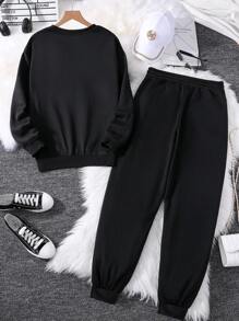 INAWLY Plus Solid Thermal Lined Sweatshirt & Drawstring Waist Sweatpants - Black - View 2