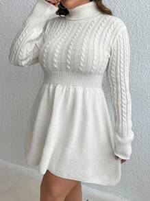 SHEIN VCAY 秋冬加大码高领麻花针织毛衣裙 - 白色 - 查看 3