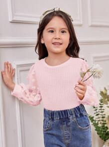 SHEIN Leap Crew Young Girl Swiss Dot Lantern Sleeve Waffle Knit Tee - Pink - View 6