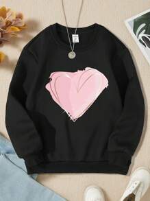 SHEIN Tween Girl Heart Print Thermal Lined Sweatshirt - Black - View 1