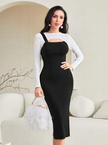 Modelyn Vestido de punto de dos tonos con abertura - Negro - Ver 1