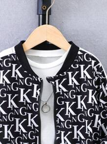 SHEIN 男小童字母圖案飛行員夾克和運動褲不帶T恤 - 黑與白 - 查看 3