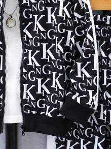 SHEIN 男小童字母圖案飛行員夾克和運動褲不帶T恤 - 黑與白 - 查看 4