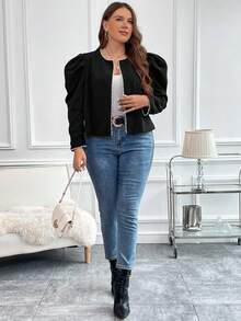 SHEIN Clasi Plus Gigot Sleeve Open Front Jacket - Black - View 3