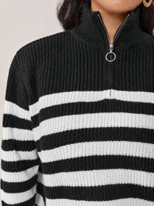 SHEIN Frenchy Plus Striped Pattern Half Zip Drop Shoulder Sweater - Black and White - View 6