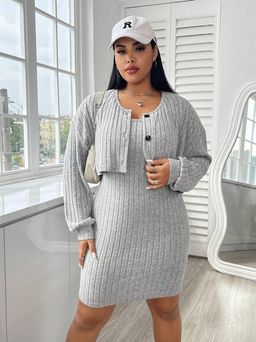 SHEIN EZwear Hơn Thả vai Áo khoác & Váy bodycon - Xám - Xem 1