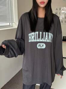 DAZY 字母圖案落肩大廓形套頭衫 - 深灰色 - 查看 5