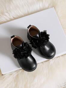 Girls' New Korean Style Step Shoes For Autumn And Winter With Black British Style Flower Decoration, Fashionable For Baby's Outdoor Activities - Black - View 4