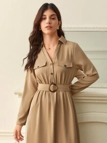SHEIN Frenchy Flap Detail Belted Shirt Dress - Khaki - View 4