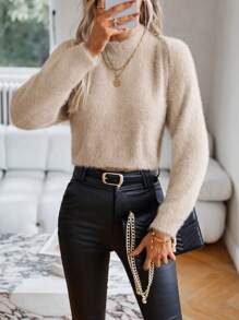 SHEIN Privé 素色絨毛針織上衣和開襟衫 - 卡其色 - 查看 4