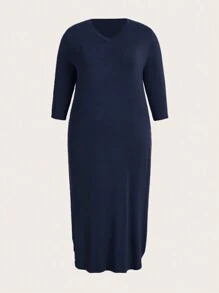 SHEIN BASICS Hơn Chất rắn Cổ v Đầm - Màu xanh hải quân - Xem 1