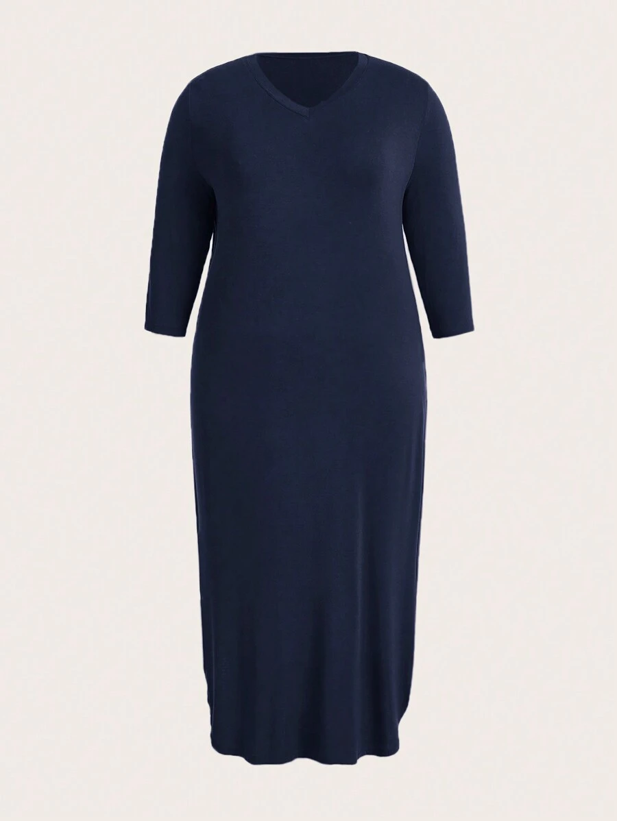 SHEIN BASICS Hơn Chất rắn Cổ v Đầm - Màu xanh hải quân - Xem 1