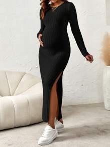 SHEIN Maternity Split Thigh Ribbed Knit Dress With Long Sleeve - Black - View 1