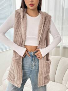 SHEIN EZwear Túi Kép áo có mũ Teddy Áo vest - Màu Khaki - Xem 1