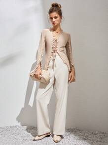 SHEIN Unity Frill Trim Knot Front Split Sleeve Frill Trim Top - Apricot - View 5