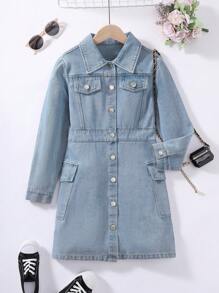 Tween Girl Flap Detail Button Front Denim Dress - Light Wash - View 1
