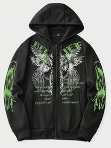 ROMWE MEN Grunge Punk Men Eagle & Slogan Graphic Zip Up Thermal Lined Hoodie - Black - View 1