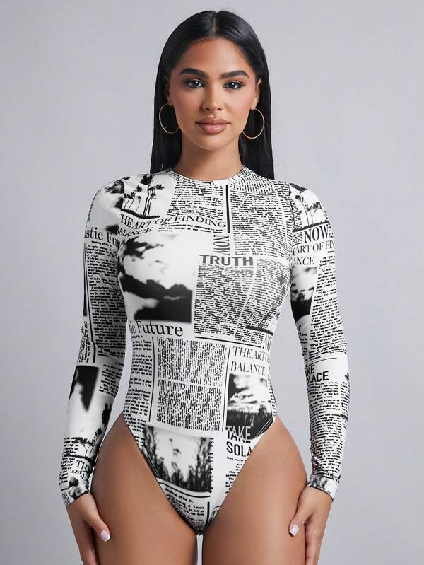 SHEIN PETITE Body slim cu imprimeu ziar