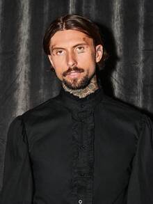 GENTILAND Men Flare Sleeve Frill Trim Mock Neck Shirt - Black - View 5