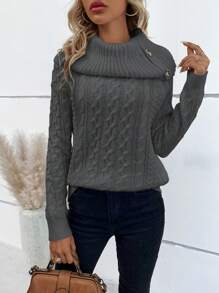 SHEIN LUNE Cable Knit Turtleneck Button Detail Raglan Sleeve Sweater Knit Pullover Fall Winter Outfit - Grey - View 5