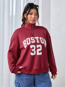 SHEIN EZwear 大碼字母圖案落肩袖1/4拉鍊運動衫 - 紅色 - 查看 4