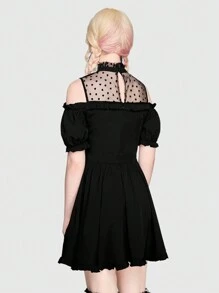 ROMWE Kawaii Spliced Mesh Puff Sleeve Cold-shoulder Neckline Bow Patch Dress - Black - View 5